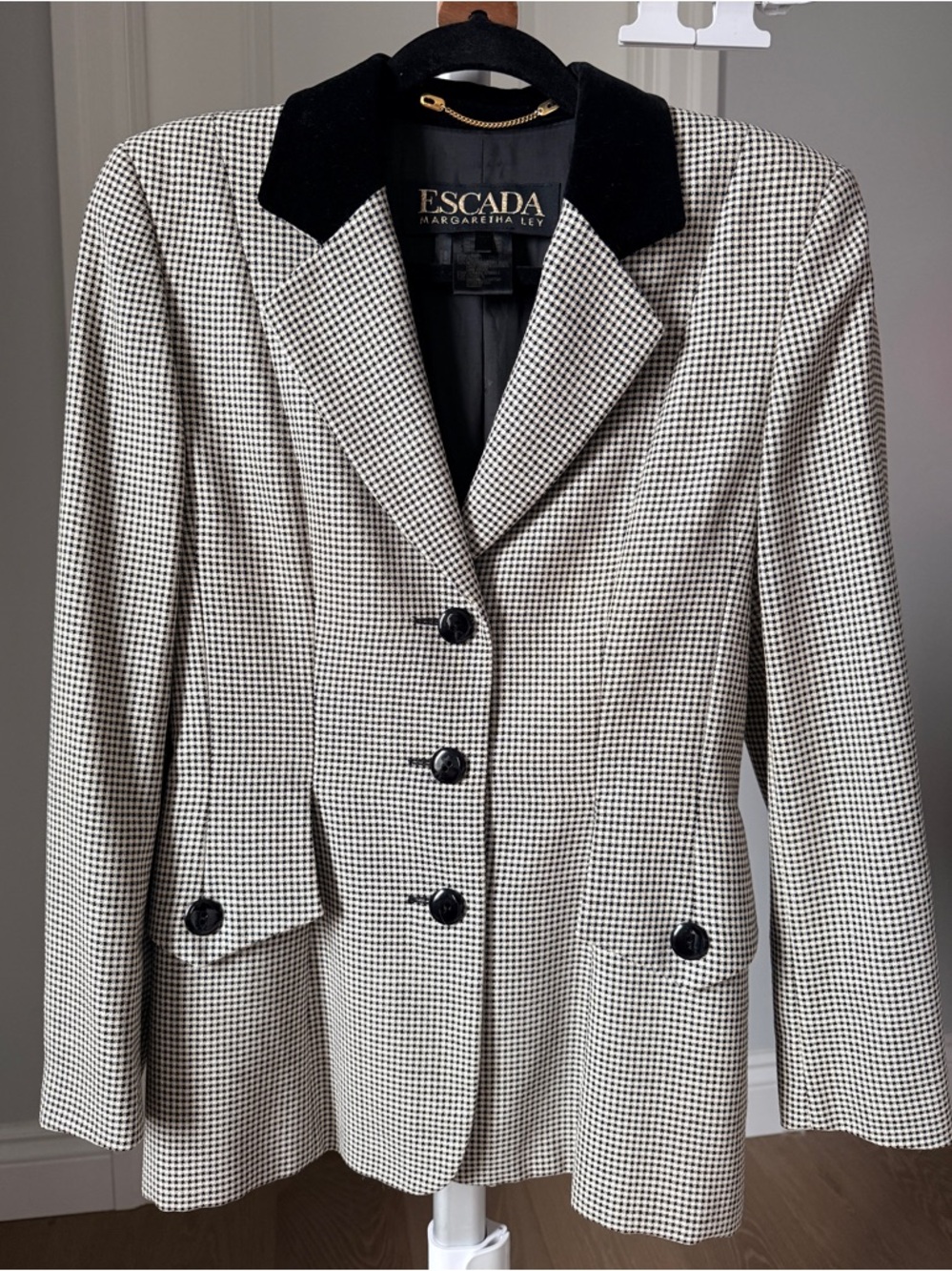 Escada Black and White Houndstooth Blazer with Velvet Collar